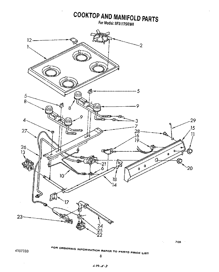 COOKTOP AND MANIFOLD, LITERATURE AND OPTIONAL Diagram and Parts List for SF3117SRW0  Whirlpool Range