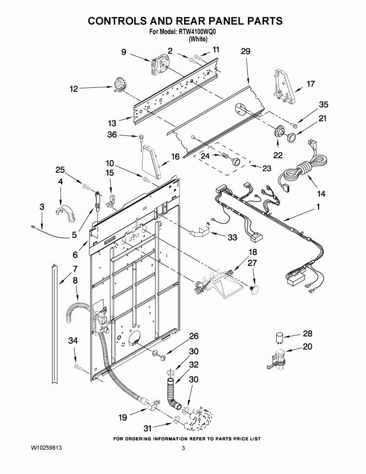 CONTROLS AND REAR PANEL PARTS Diagram and Parts List for RTW4100WQ0  Roper Washer