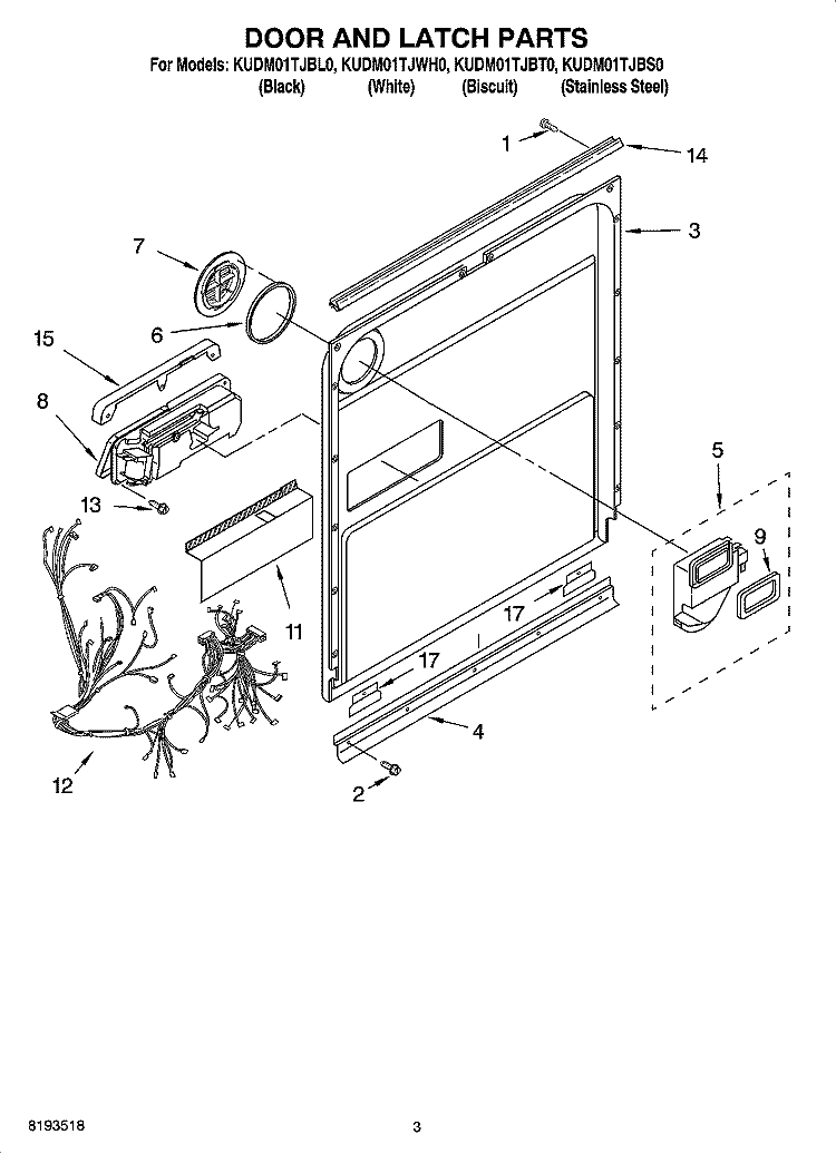 DOOR AND LATCH PARTS Diagram and Parts List for KUDM01TJWH0  KitchenAid Dishwasher