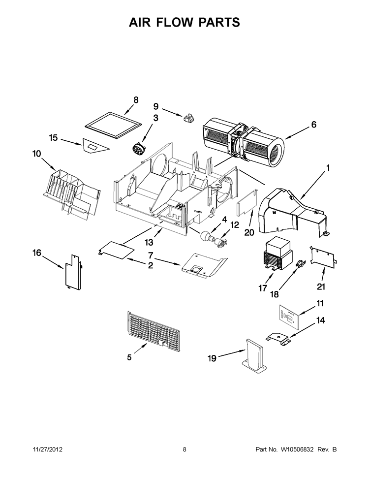 AIR FLOW PARTS Diagram and Parts List for WMH2175XVT5  Whirlpool Microwave
