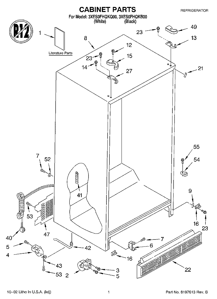 CABINET, LITERATURE Diagram and Parts List for 3XES0FHQKQ00  Whirlpool Refrigerator