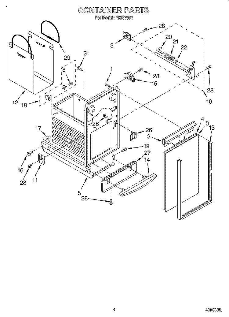 CONTAINER Diagram and Parts List for AMB7554  Whirlpool Trash Compactor