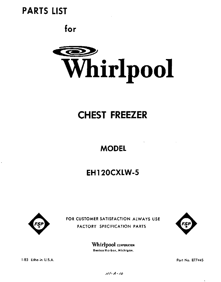 SECTION Diagram and Parts List for EH120CXLW5  Whirlpool Freezer
