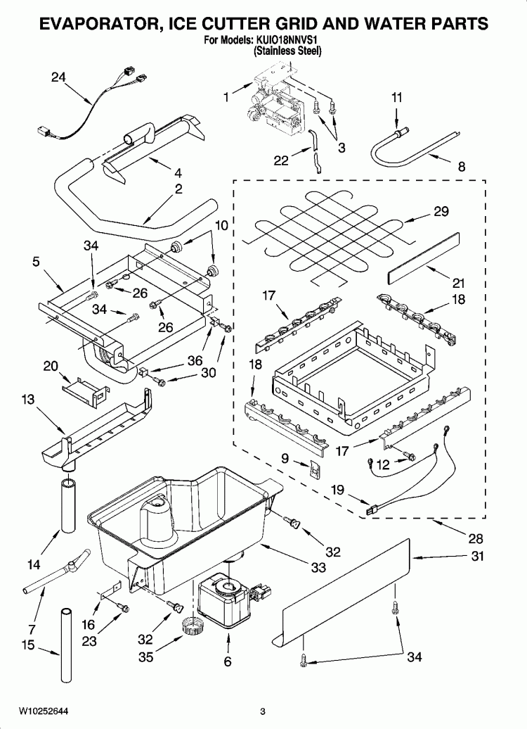 EVAPORATOR, ICE CUTTER GRID AND WATER PARTS Diagram and Parts List for KUIO18NNVS1  KitchenAid Ice Maker