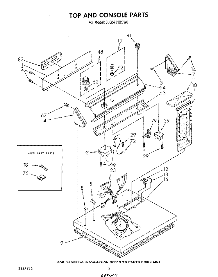 TOP AND CONSOLE, LITERATURE AND OPTIONAL Diagram and Parts List for 3LG5701XSW0  Whirlpool Dryer