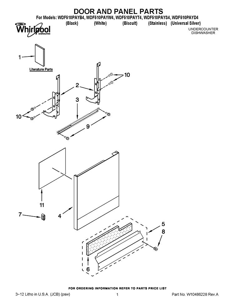 DOOR AND PANEL PARTS Diagram and Parts List for WDF510PAYS4  Whirlpool Dishwasher