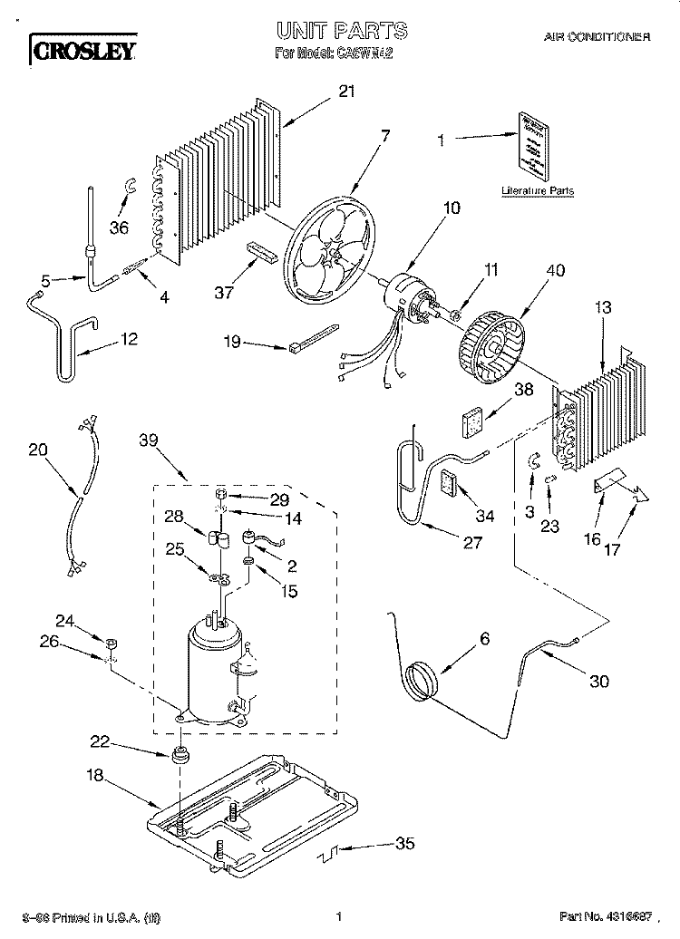UNIT, LITERATURE Diagram and Parts List for CA6WM42  Crosley Air Conditioner