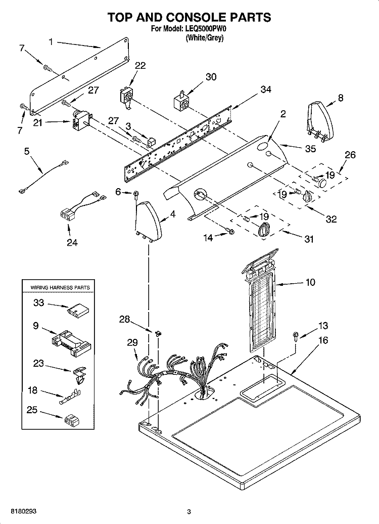 TOP AND CONSOLE PARTS Diagram and Parts List for LEQ5000PW0  Whirlpool Dryer