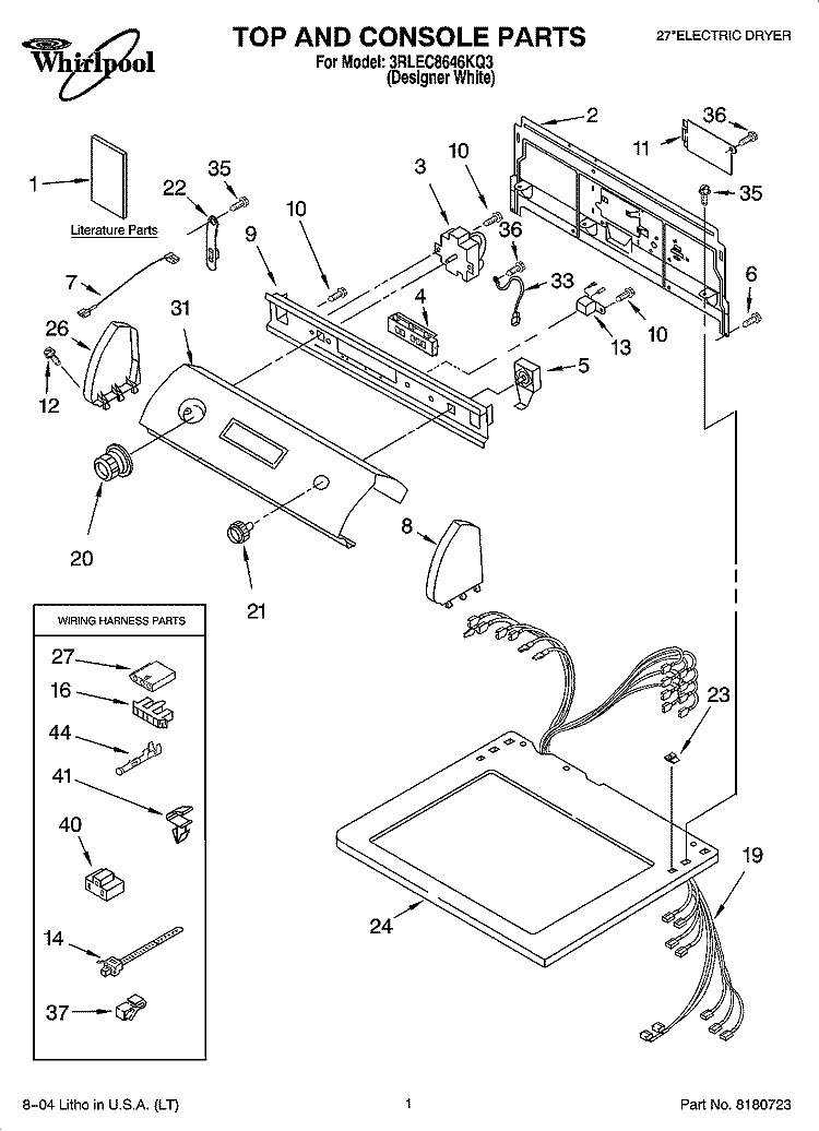 TOP AND CONSOLE PARTS Diagram and Parts List for 3RLEC8646KQ3  Whirlpool Dryer