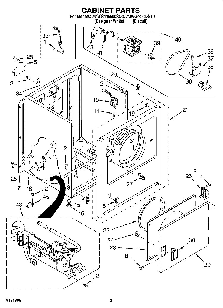 CABINET PARTS Diagram and Parts List for 7MWG44500ST0  Whirlpool Dryer
