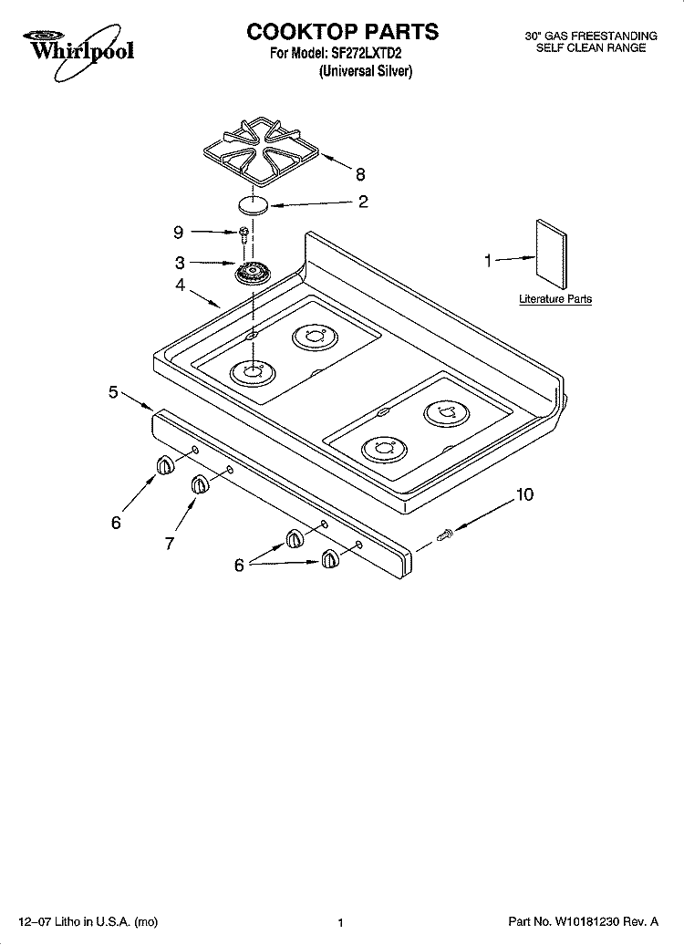 COOKTOP PARTS Diagram and Parts List for SF272LXTD2  Whirlpool Range