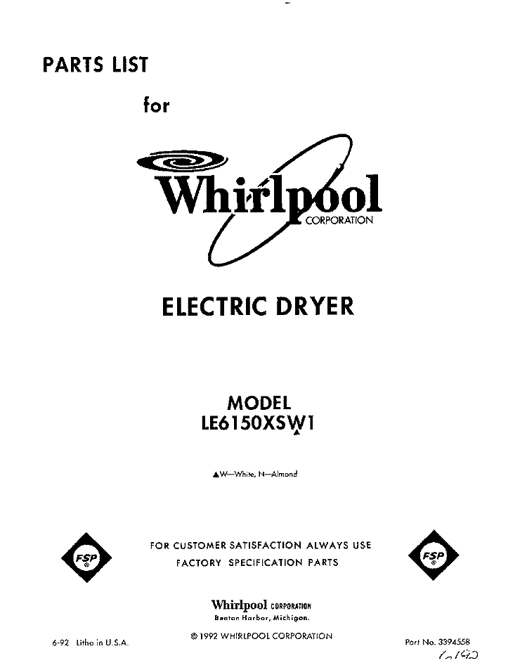 SECTION Diagram and Parts List for LE6150XSN1  Whirlpool Dryer
