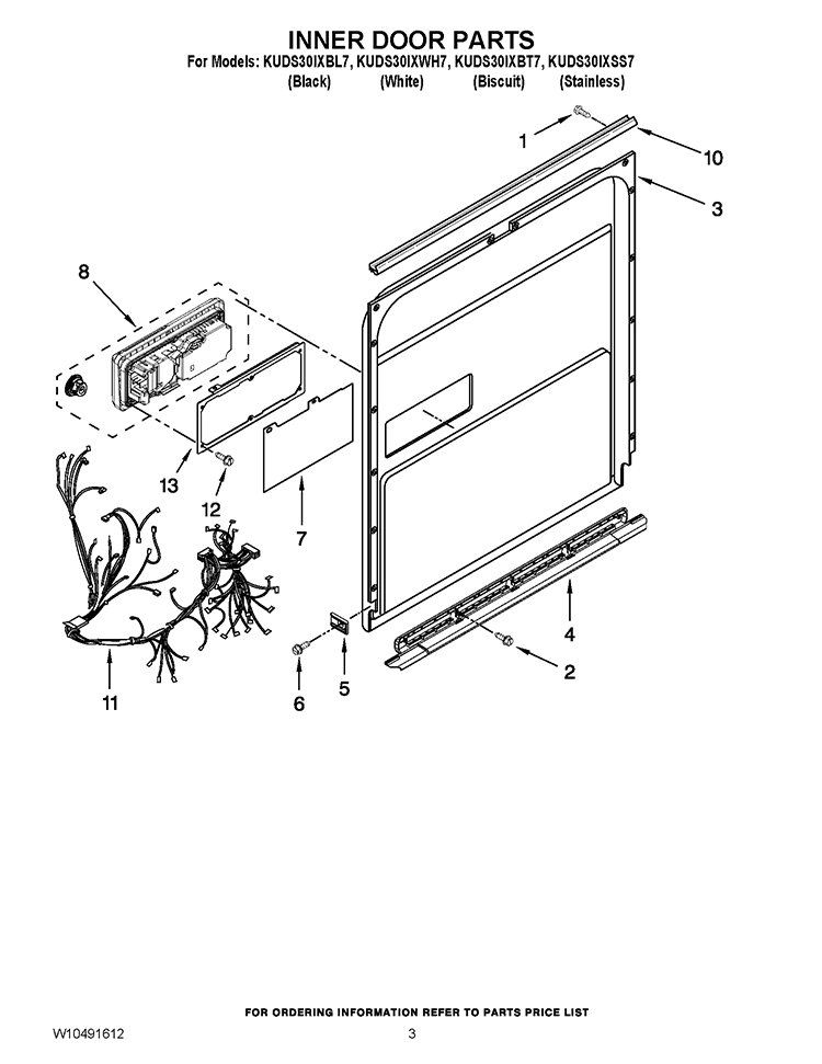 INNER DOOR PARTS Diagram and Parts List for KUDS30IXBL7  KitchenAid Dishwasher
