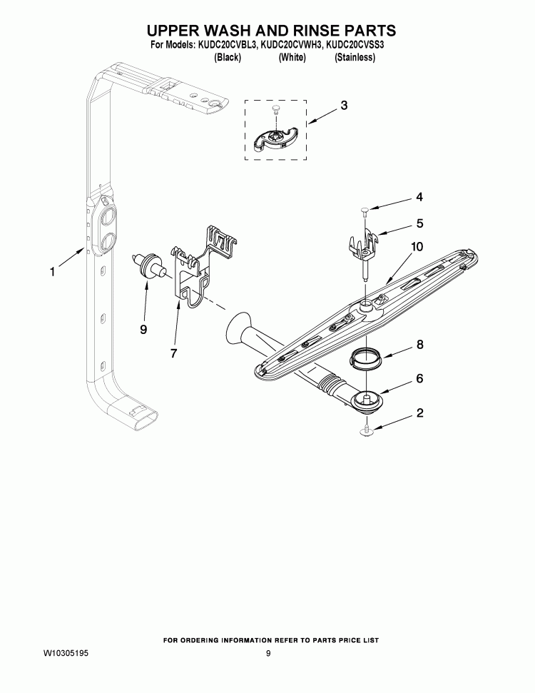 UPPER WASH AND RINSE PARTS Diagram and Parts List for KUDC20CVBL3  KitchenAid Dishwasher