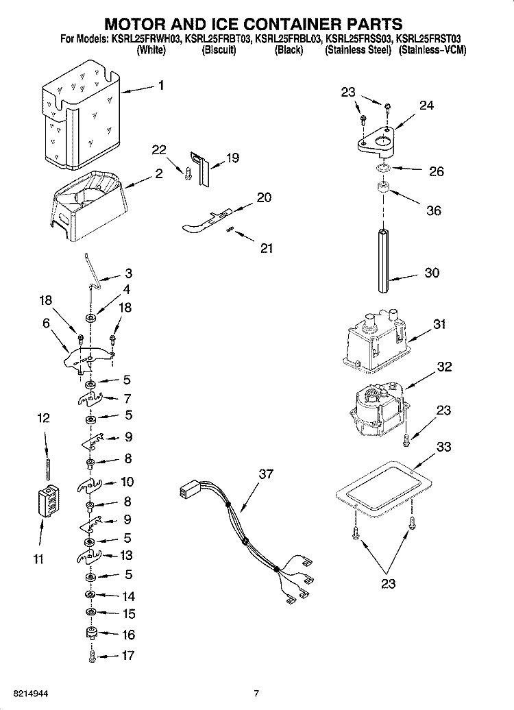 MOTOR AND ICE CONTAINER PARTS Diagram and Parts List for KSRL25FRWH03  KitchenAid Refrigerator