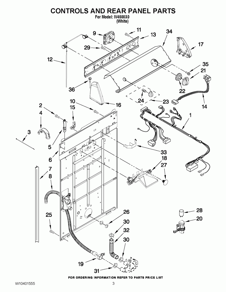 CONTROLS AND REAR PANEL PARTS Diagram and Parts List for IV4500X0  Inglis Washer