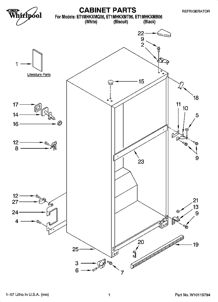 CABINET PARTS Diagram and Parts List for ET1MHKXMQ06  Whirlpool Refrigerator