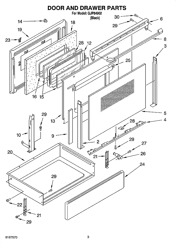 DOOR AND DRAWER PARTS Diagram and Parts List for GJP84902  Whirlpool Range