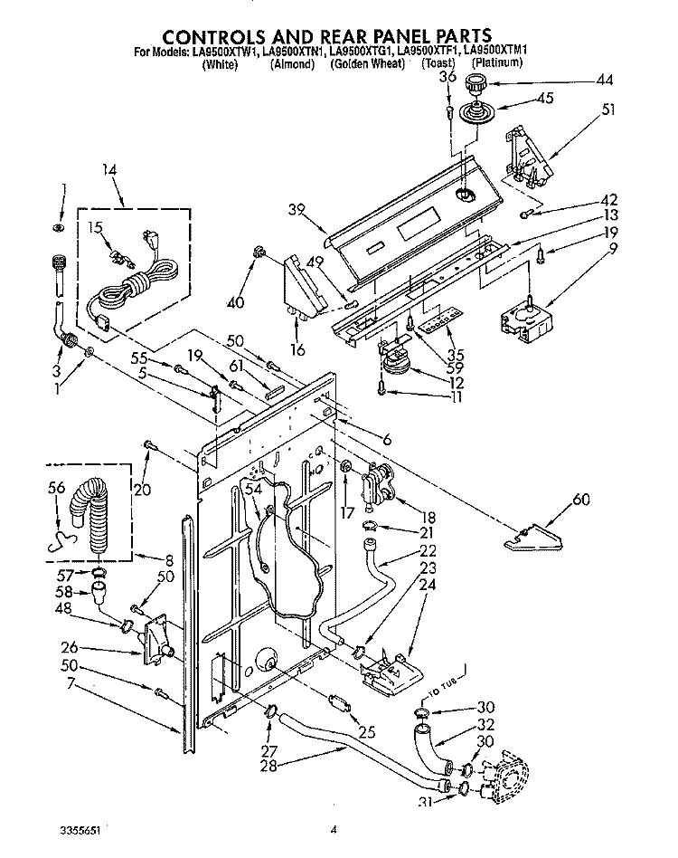 CONTROLS AND REAR PANEL Diagram and Parts List for LA9500XTG1  Whirlpool Washer