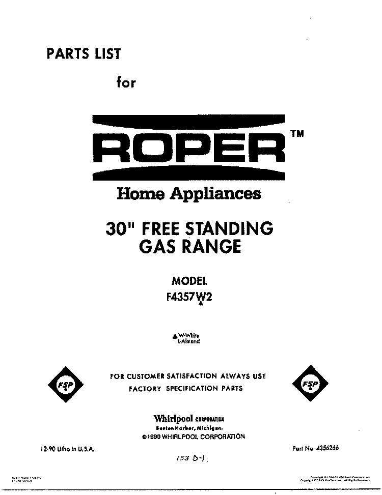COVER Diagram and Parts List for F4357W2  Roper Range