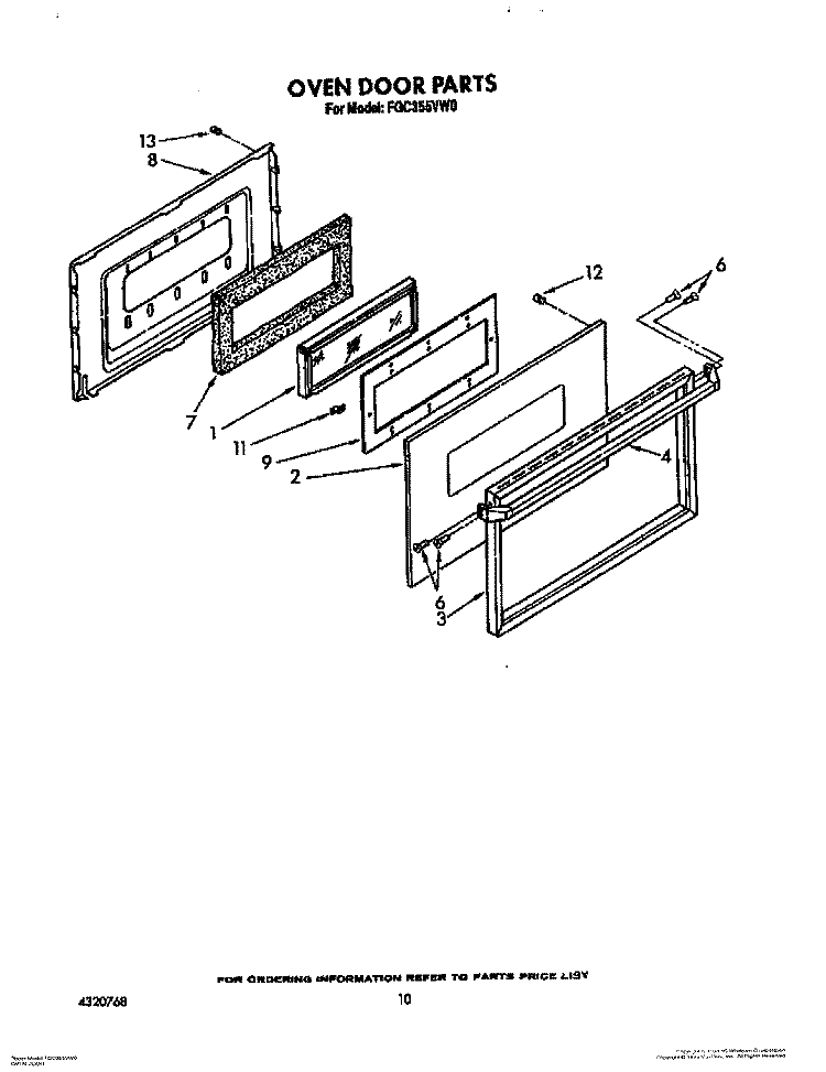 OVEN DOOR, LIT/OPTIONAL Diagram and Parts List for FGC355VW0  Roper Range