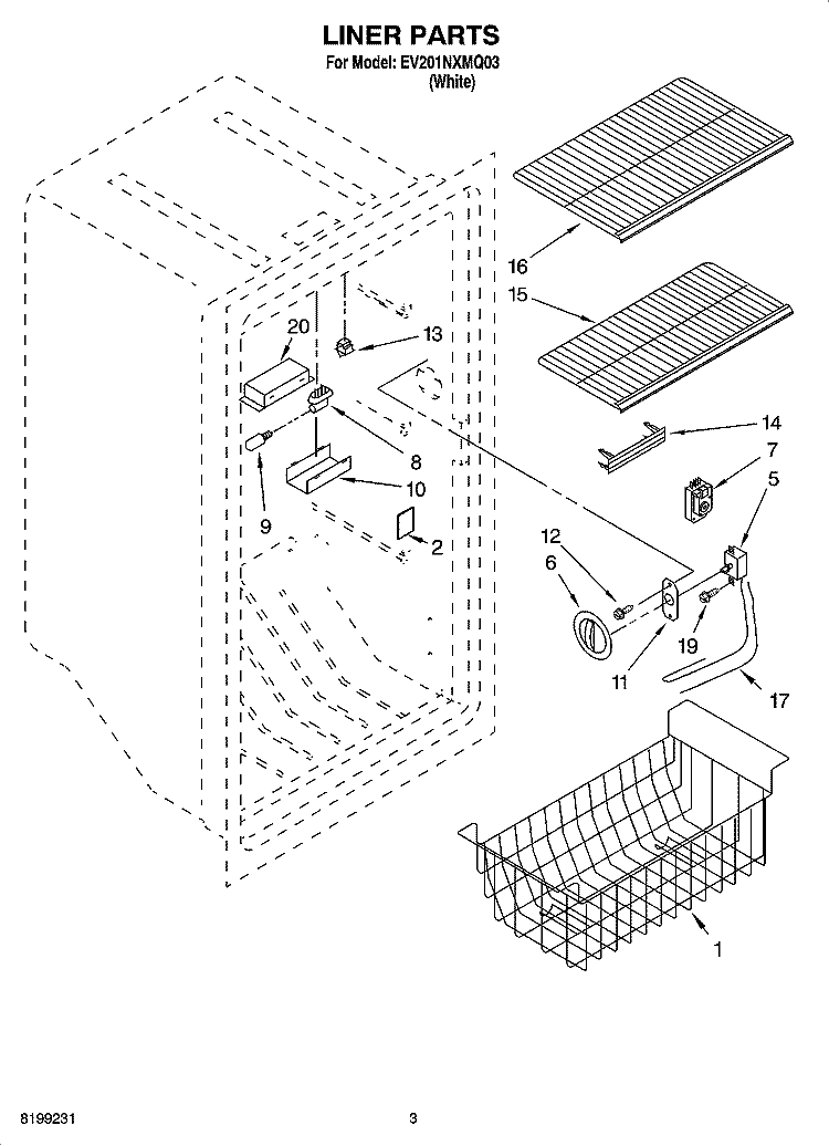 LINER PARTS Diagram and Parts List for EV201NXMQ03  Whirlpool Freezer