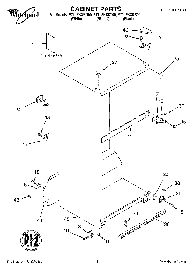 CABINET, LITERATURE Diagram and Parts List for ET1LFKXKQ00  Whirlpool Refrigerator