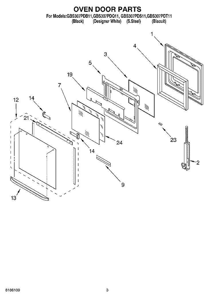 OVEN DOOR PARTS Diagram and Parts List for GBS307PDB11  Whirlpool Wall Oven