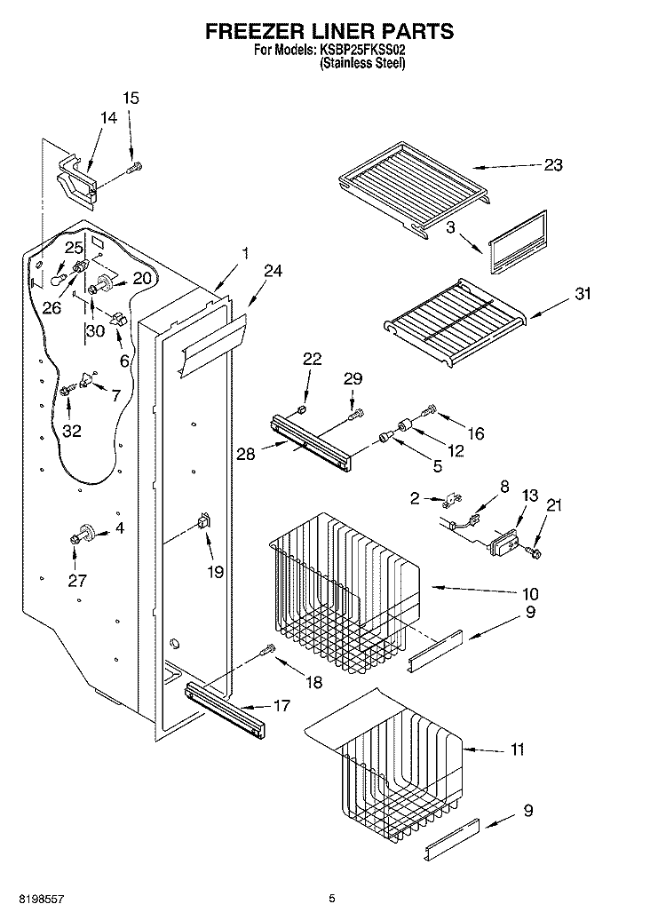 FREEZER LINER PARTS Diagram and Parts List for KSBP25FKSS02  KitchenAid Refrigerator