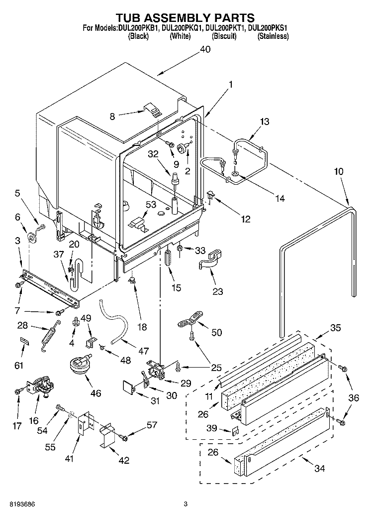 TUB ASSEMBLY PARTS Diagram and Parts List for DUL200PKB1  Whirlpool Dishwasher