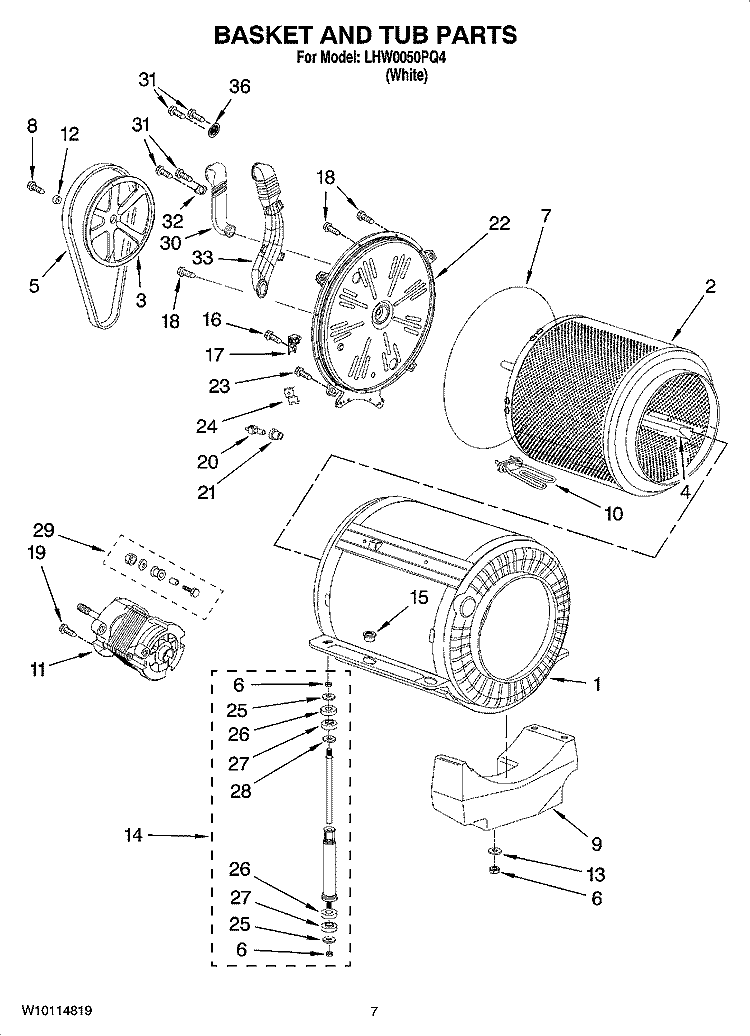 BASKET AND TUB PARTS Diagram and Parts List for LHW0050PQ4  Whirlpool Washer