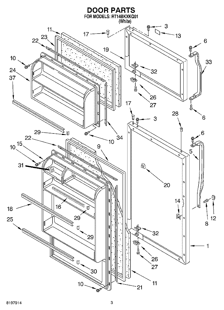 DOOR Diagram and Parts List for RT14BKXKQ01  Roper Refrigerator
