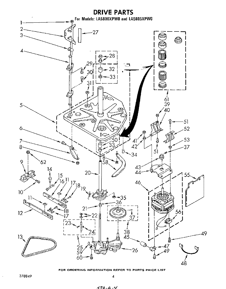 DRIVE Diagram and Parts List for LA5805XPW0  Whirlpool Washer