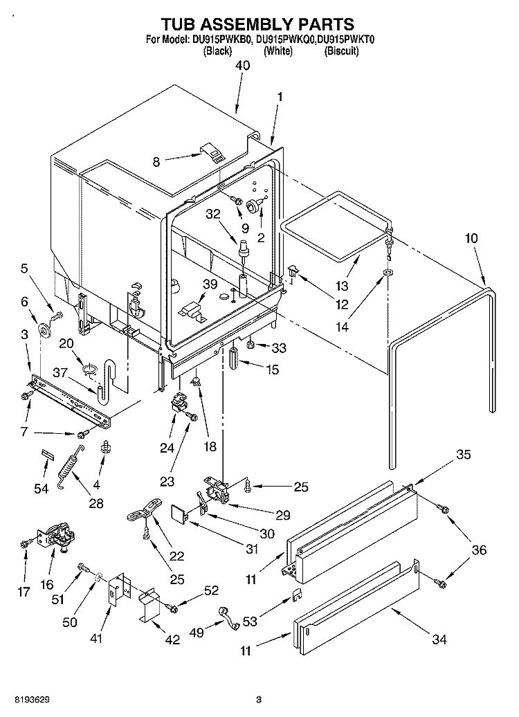 TUB ASSEMBLY Diagram and Parts List for DU915PWKT0  Whirlpool Dishwasher