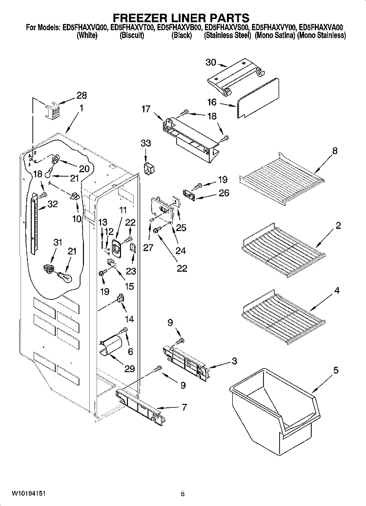 FREEZER LINER PARTS Diagram and Parts List for ED5FHAXVB00  Whirlpool Refrigerator