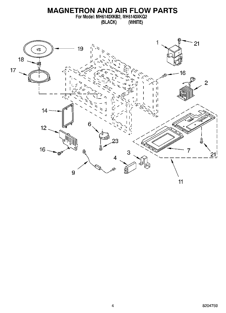MAGNETRON AND AIR FLOW PARTS Diagram and Parts List for MH6140XKQ2  Whirlpool Microwave
