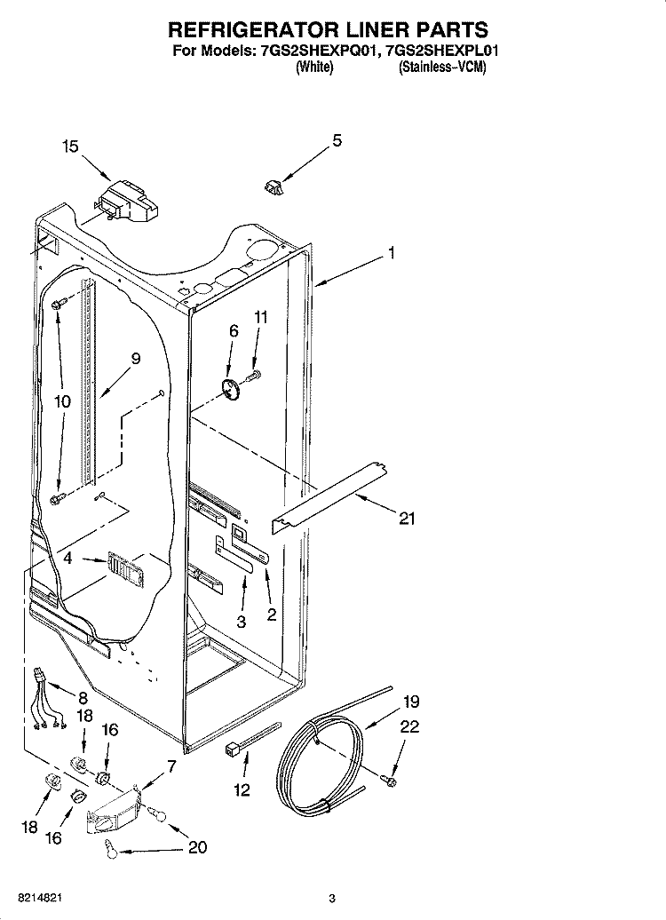 REFRIGERATOR LINER PARTS Diagram and Parts List for 7GS2SHEXPL01  Whirlpool Refrigerator