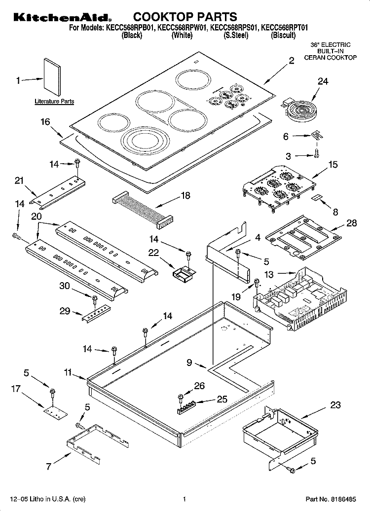 COOKTOP PARTS, OPTIONAL PARTS Diagram and Parts List for KECC568RPT01  KitchenAid Cooktop