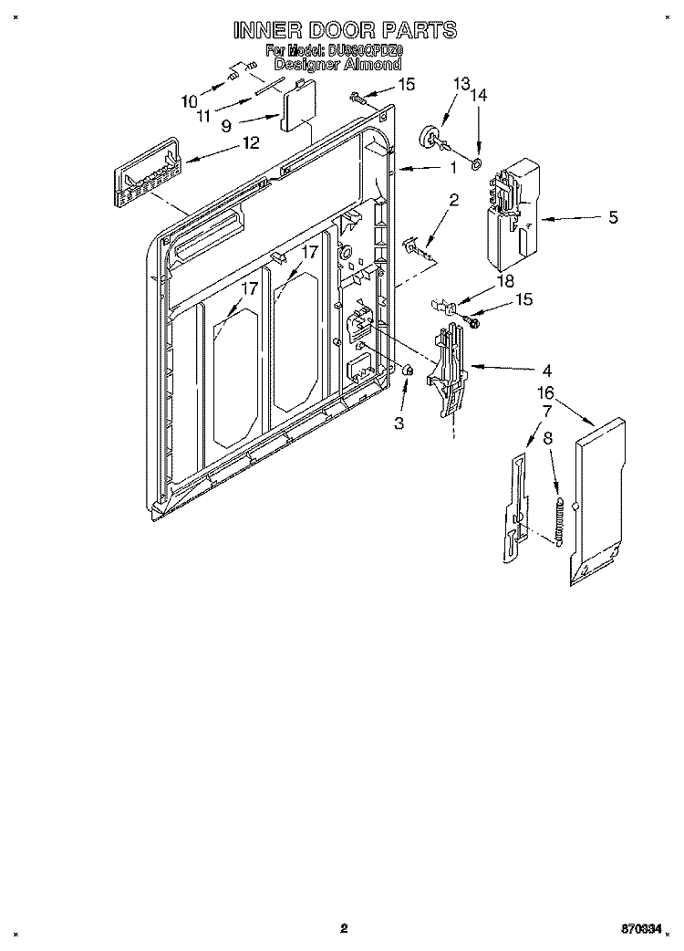 INNER DOOR Diagram and Parts List for DU980QPDZ0  Whirlpool Dishwasher