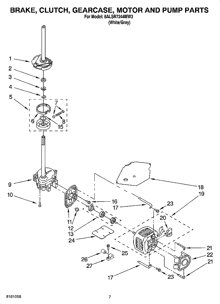 BRAKE, CLUTCH, GEARCASE, MOTOR AND PUMP PARTS Diagram and Parts List for 6ALSR7244MW3  Whirlpool Washer