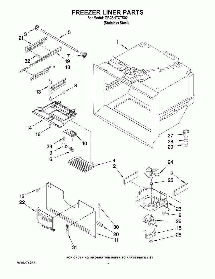 FREEZER LINER PARTS Diagram and Parts List for GB2SHTXTS02  Whirlpool Refrigerator