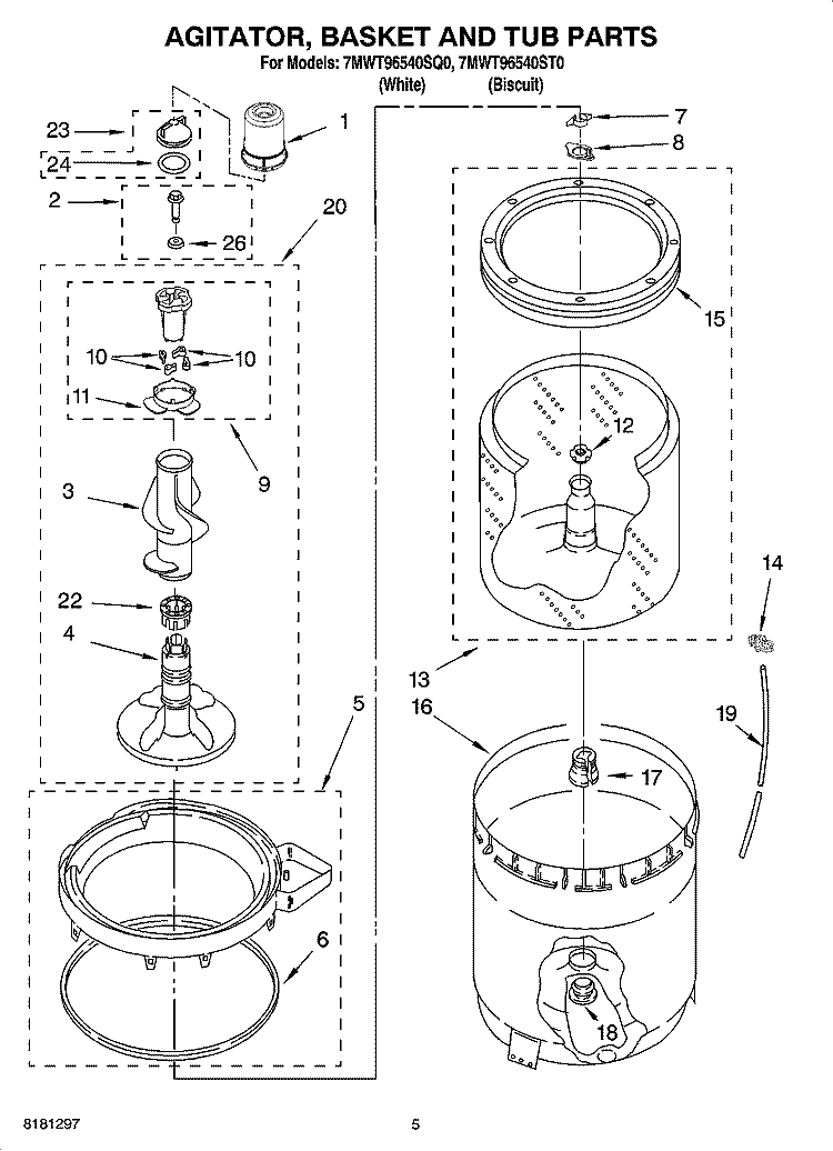 AGITATOR, BASKET AND TUB PARTS Diagram and Parts List for 7MWT96540ST0  Whirlpool Washer