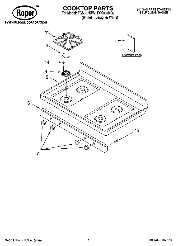 COOKTOP PARTS Diagram and Parts List for FGS337KQ2  Roper Range