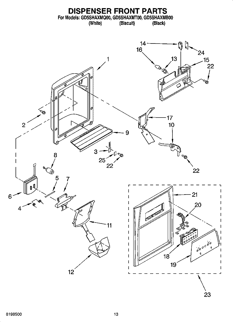 DISPENSER FRONT PARTS Diagram and Parts List for GD5SHAXMT00  Whirlpool Refrigerator