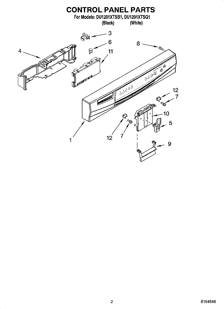 CONTROL PANEL PARTS Diagram and Parts List for DU1201XTSQ1  Whirlpool Dishwasher