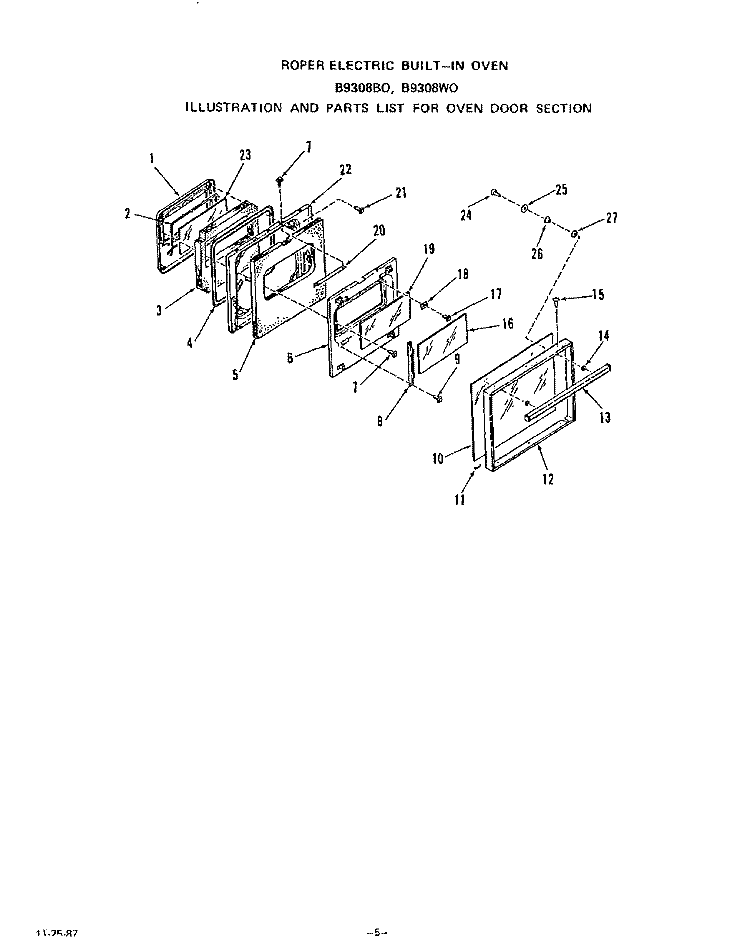 OVEN DOOR Diagram and Parts List for B9308B0  Roper Wall Oven