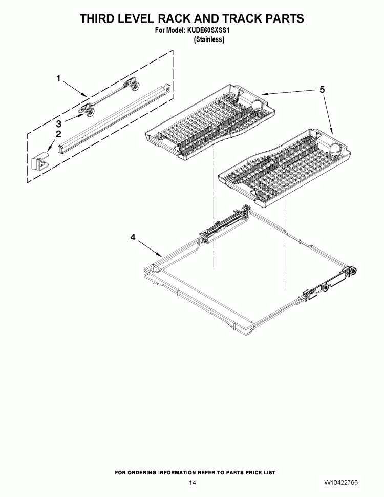 THIRD LEVEL RACK AND TRACK PARTS Diagram and Parts List for KUDE60SXSS1  KitchenAid Dishwasher