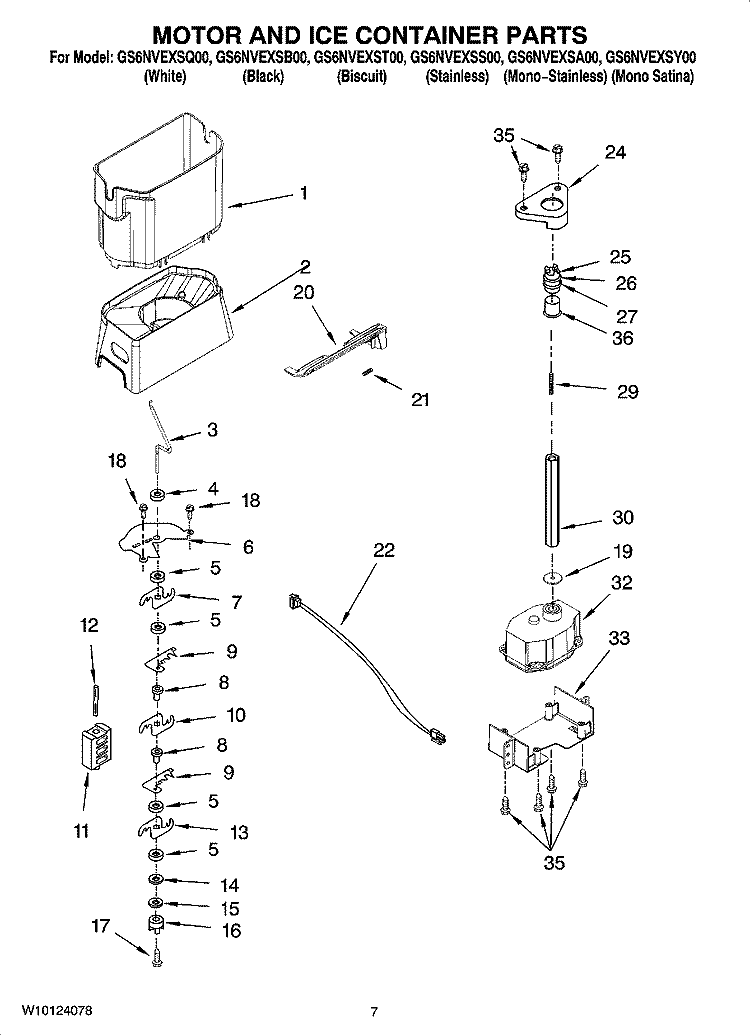 MOTOR AND ICE CONTAINER PARTS Diagram and Parts List for GS6NVEXSY00  Whirlpool Refrigerator