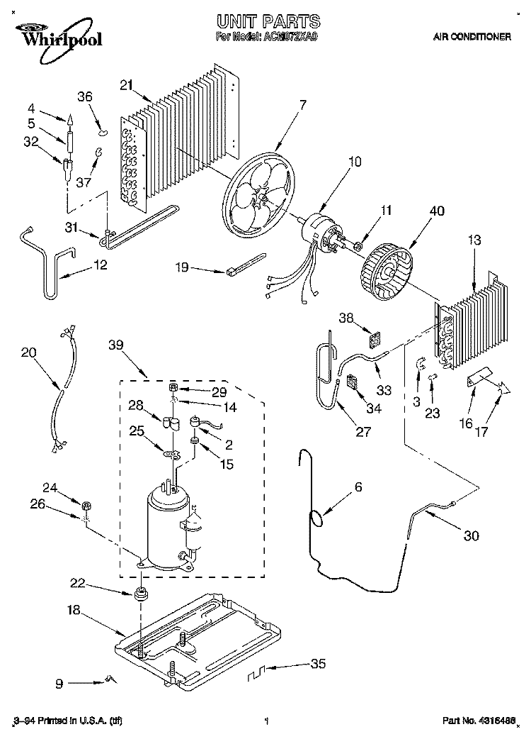 UNIT, LITERATURE Diagram and Parts List for ACM072XA0  Whirlpool Air Conditioner
