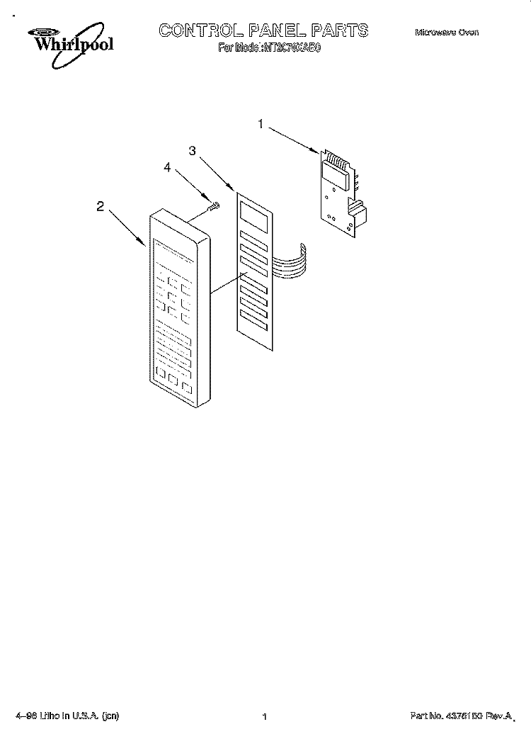 CONTROL PANEL Diagram and Parts List for MT2070XAB0  Whirlpool Microwave
